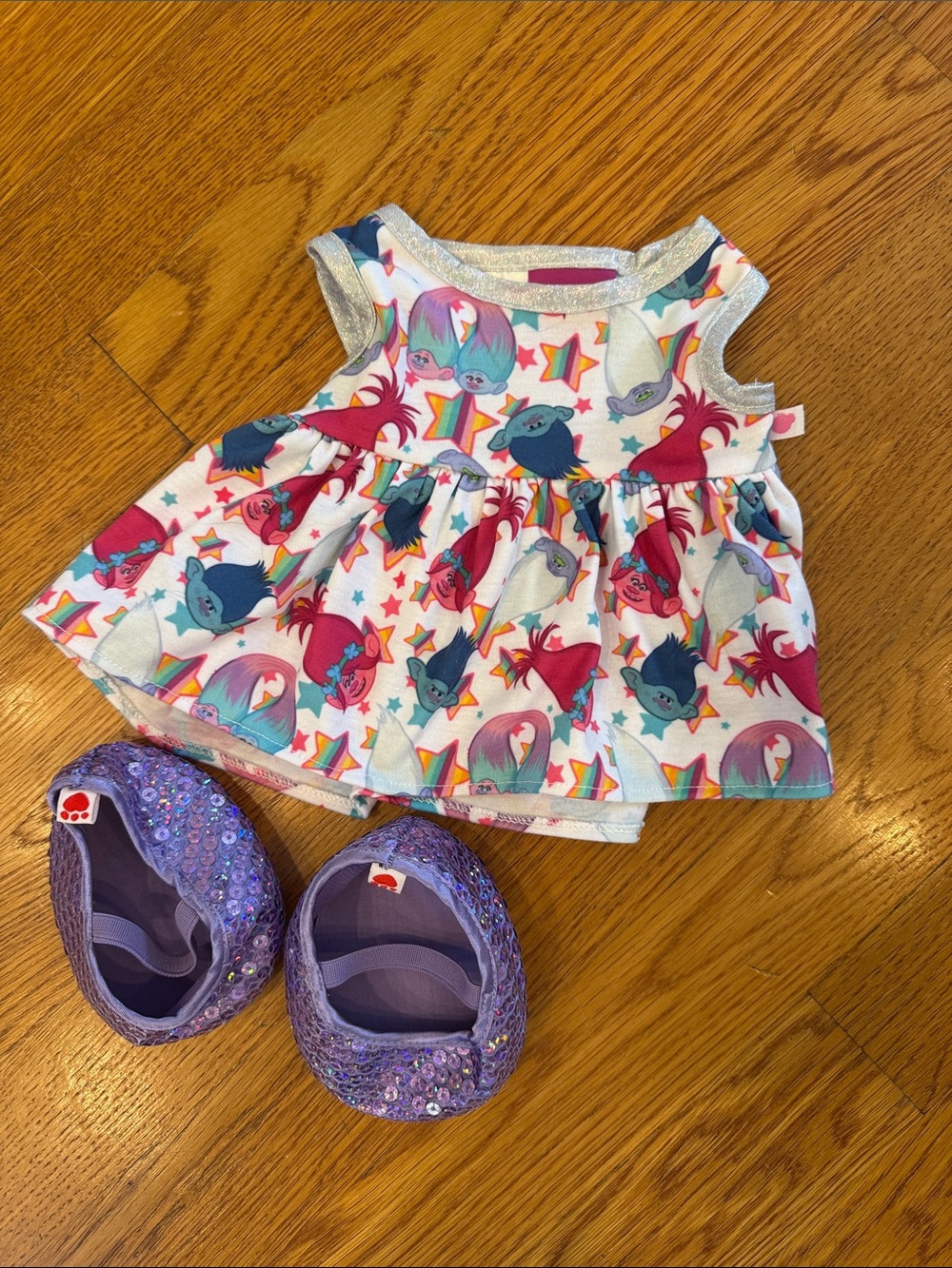 Build-A-Bear Purple Sequin Ballet Flats with Trolls Print Dress